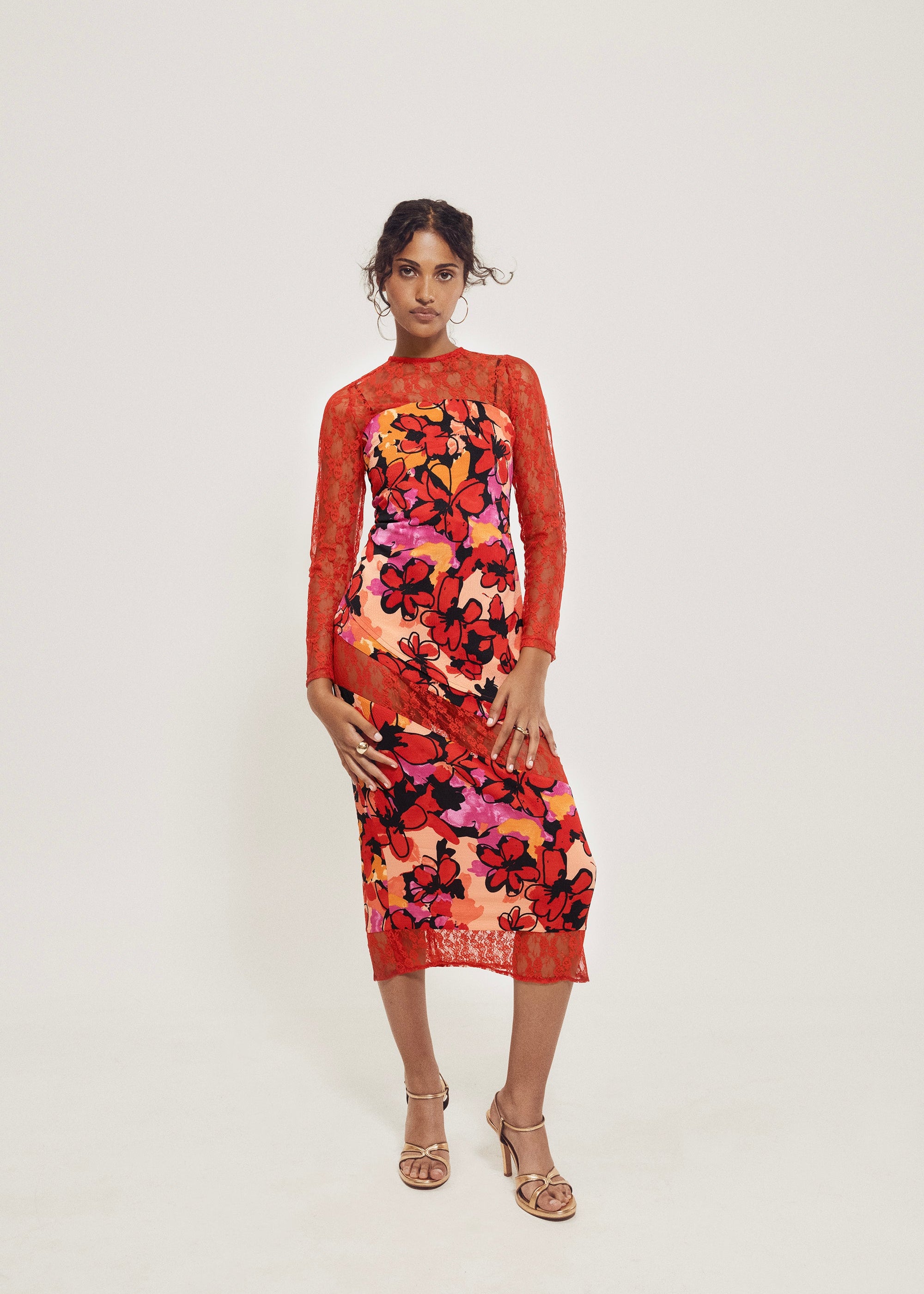 Floral Crepe & Lace Midi Skirt