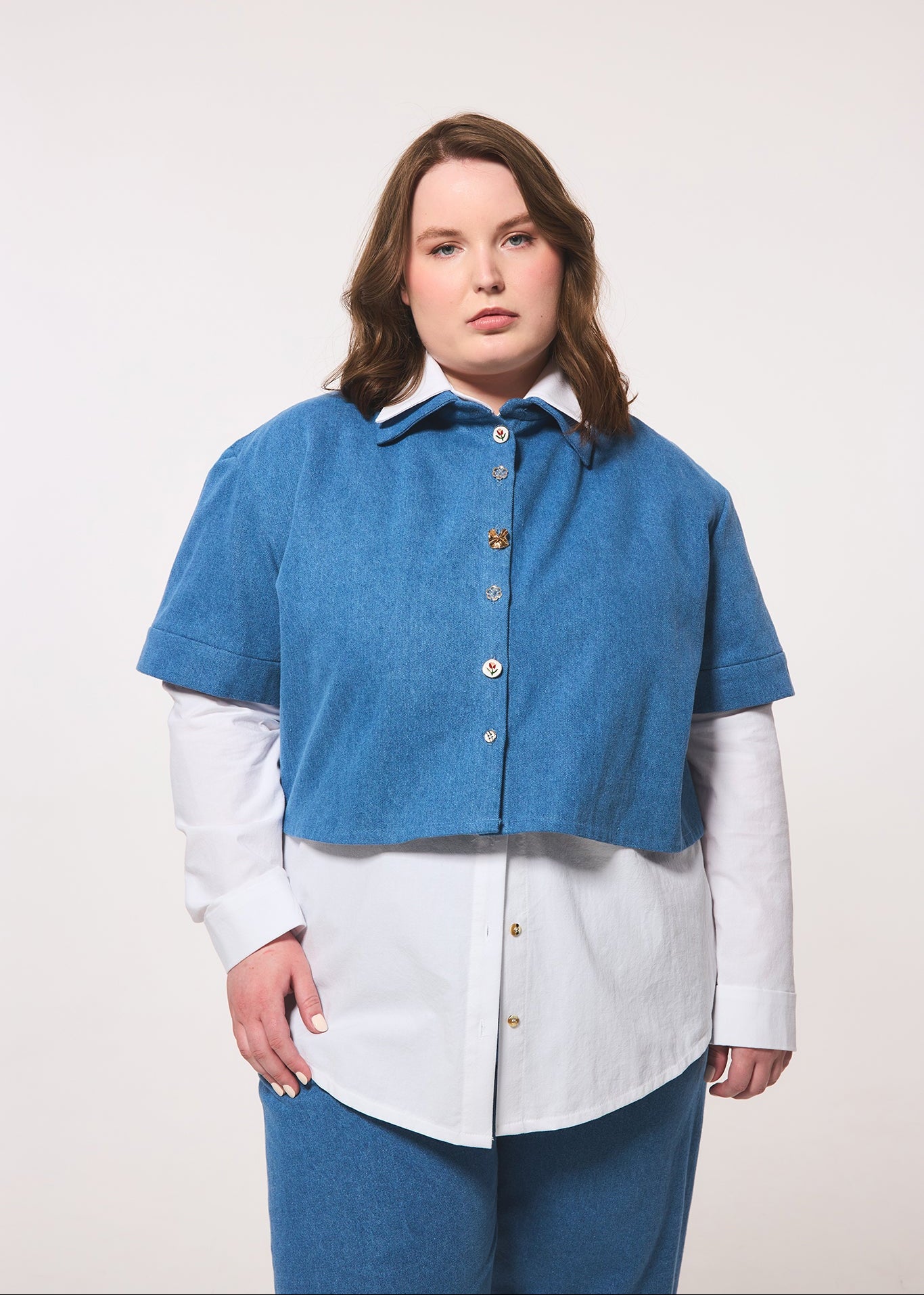 Denim Crop Short Sleeve Blouse