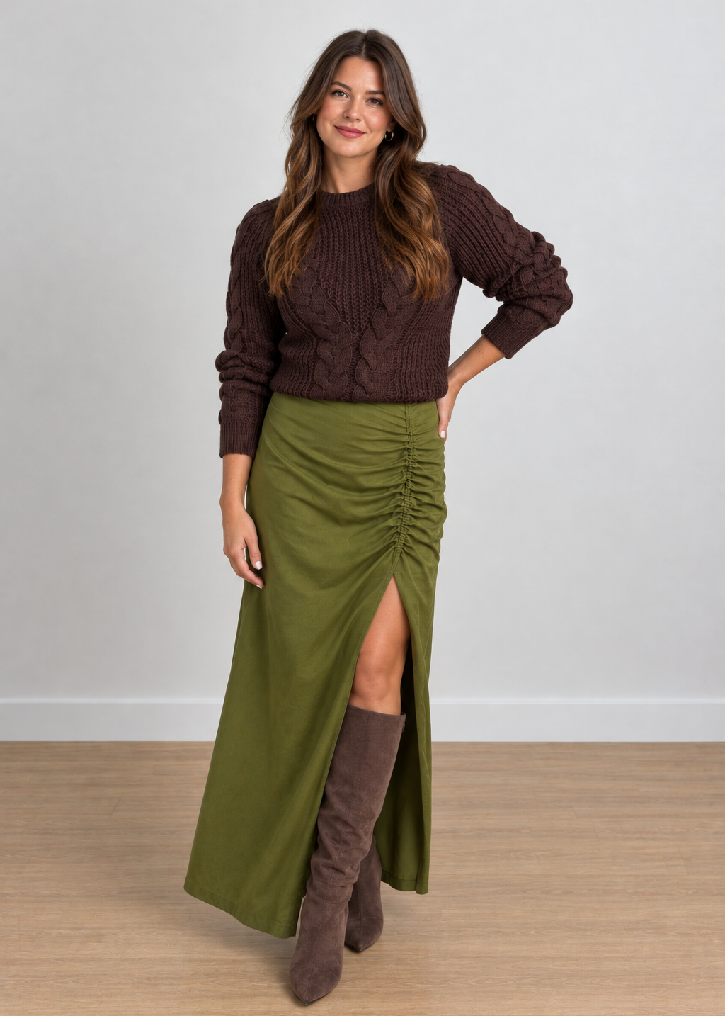 A woman modeling a dark brown cable-knit sweater and an olive green ruched maxi skirt with a thigh-high slit, paired with brown suede boots, against a neutral studio background.