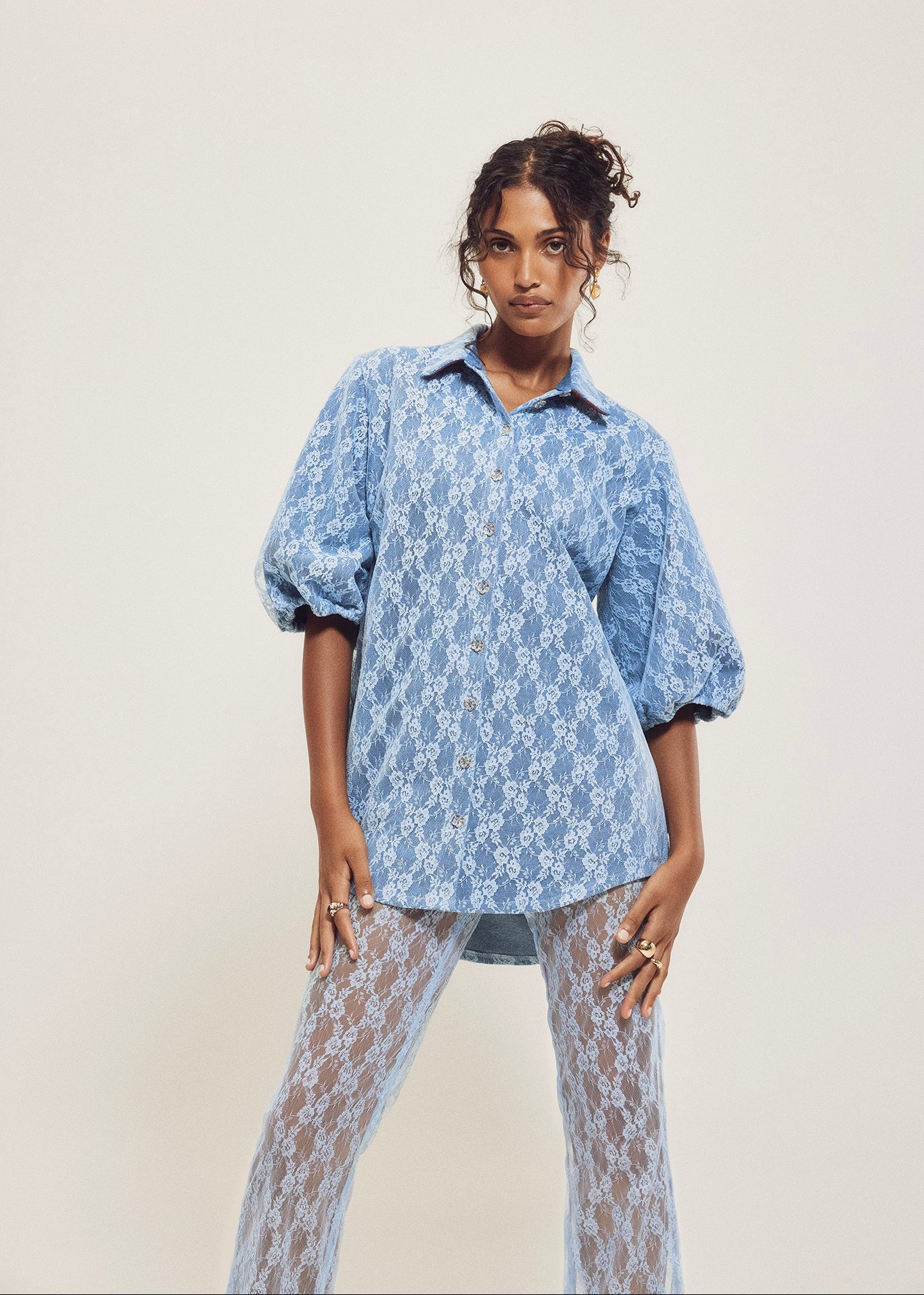 Denim Lace Puff Sleeve Blouse