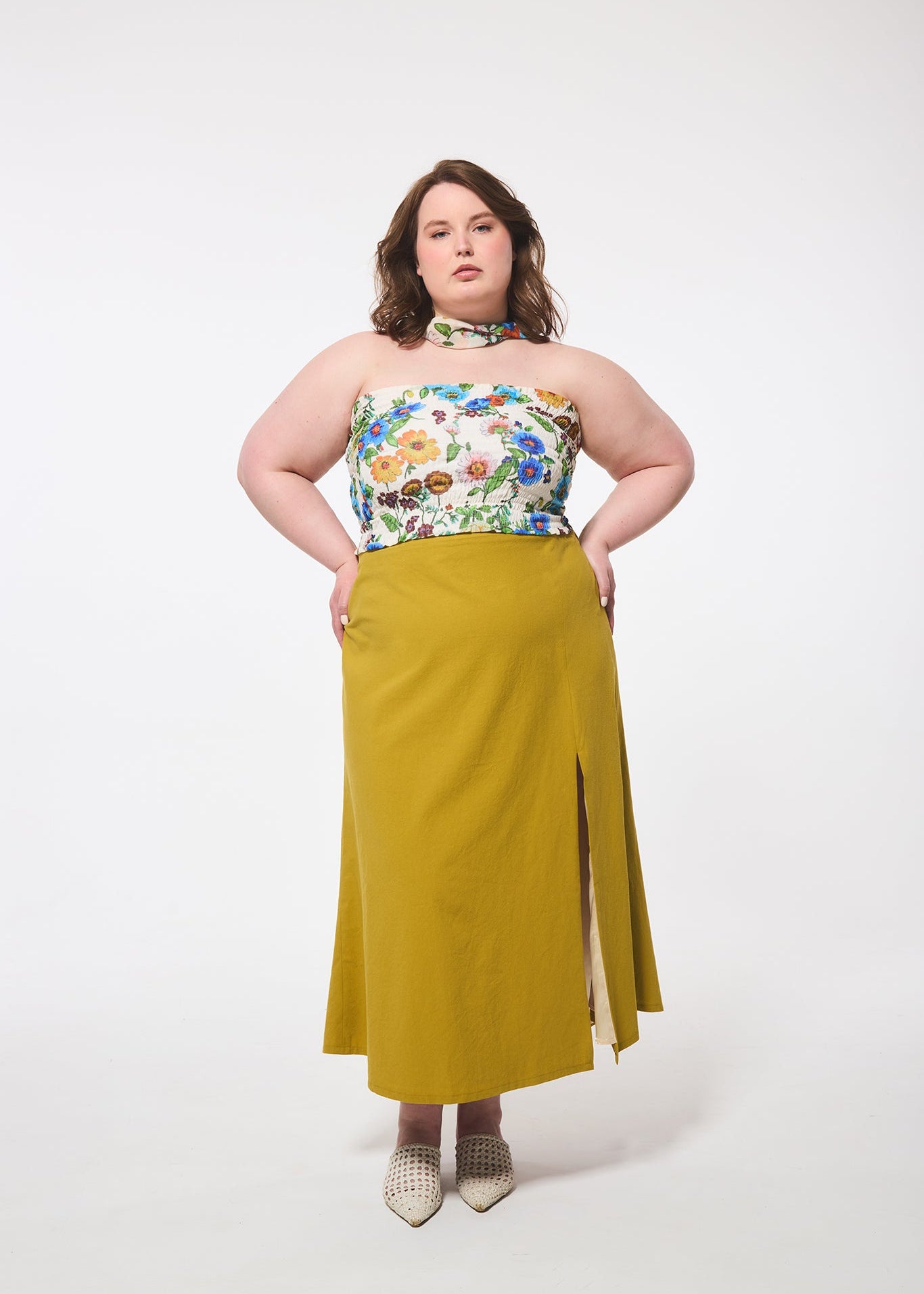 Ruched Floral Tube Top with Scarf
