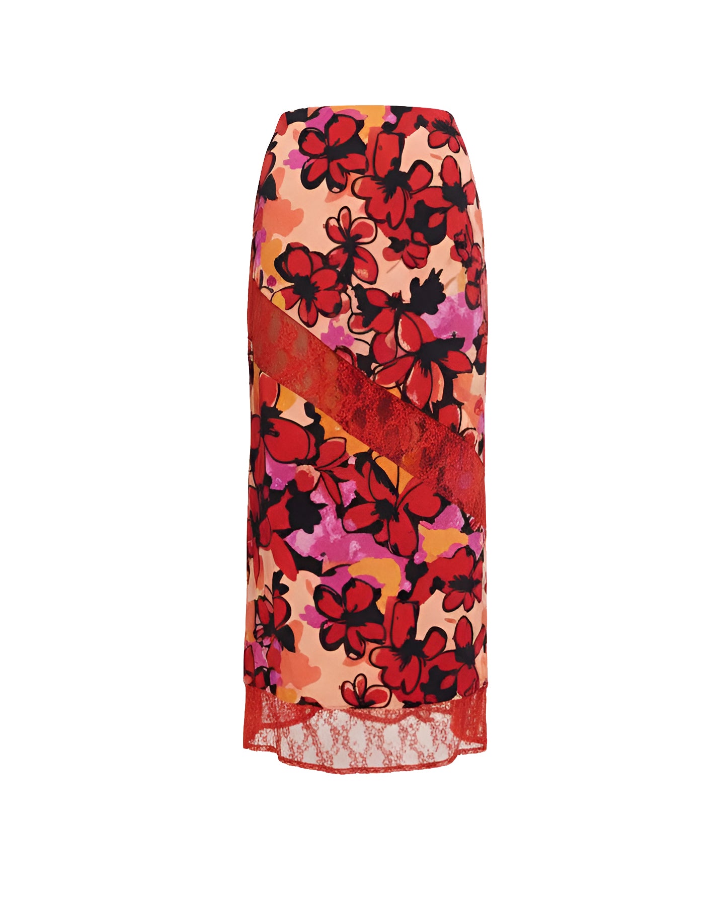 Floral Crepe & Lace Midi Skirt